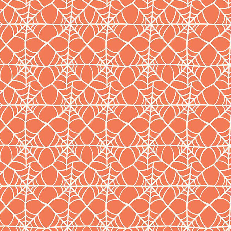 Bright orange fabric with a grid of interconnected spiderwebs.