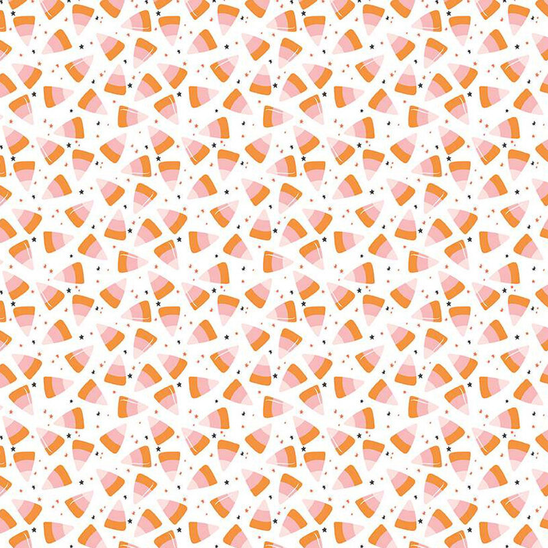 White fabric with scattered candy corn and tiny black and orange stars.