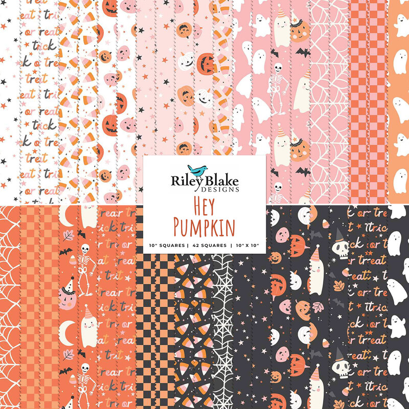 A collage of the Halloween fabrics included in the Hey Pumpkin 10