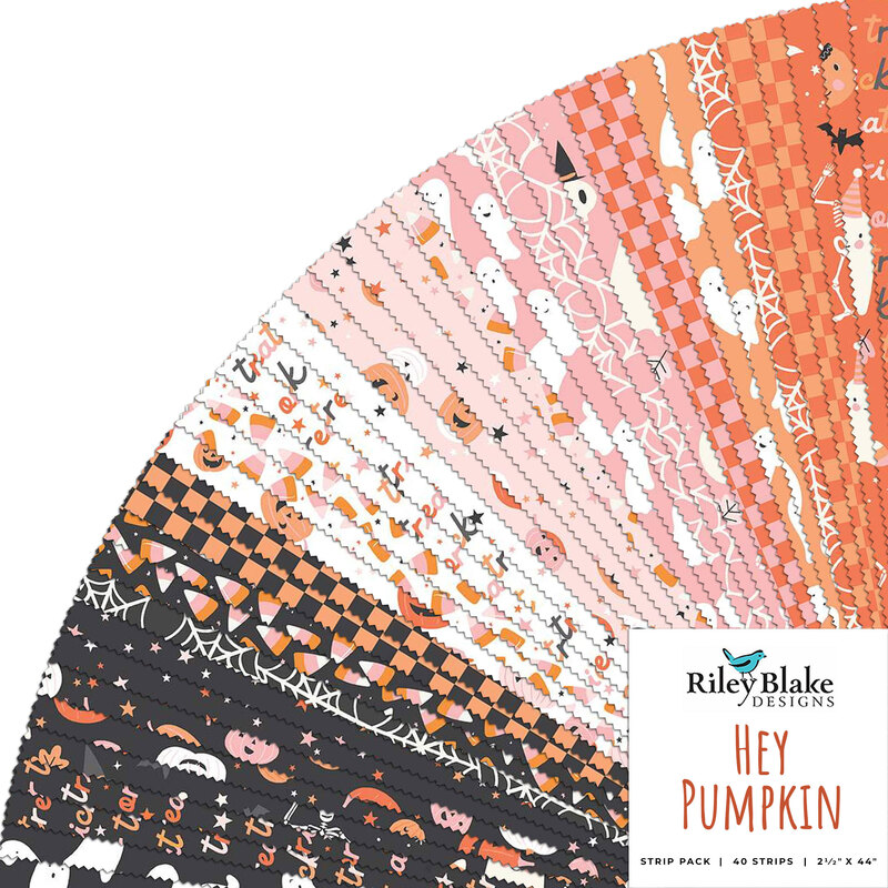 A fanned collage of the Halloween fabrics included in the Hey Pumpkin rolie polie.