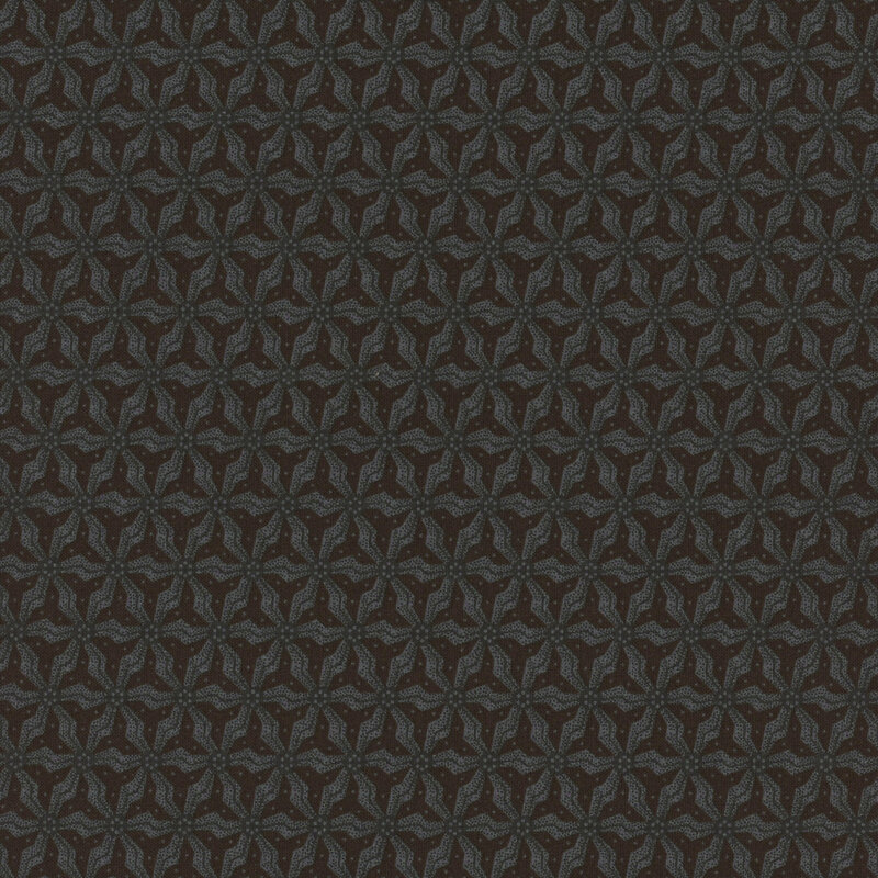 Black fabric with a muted teal geometric flower pattern