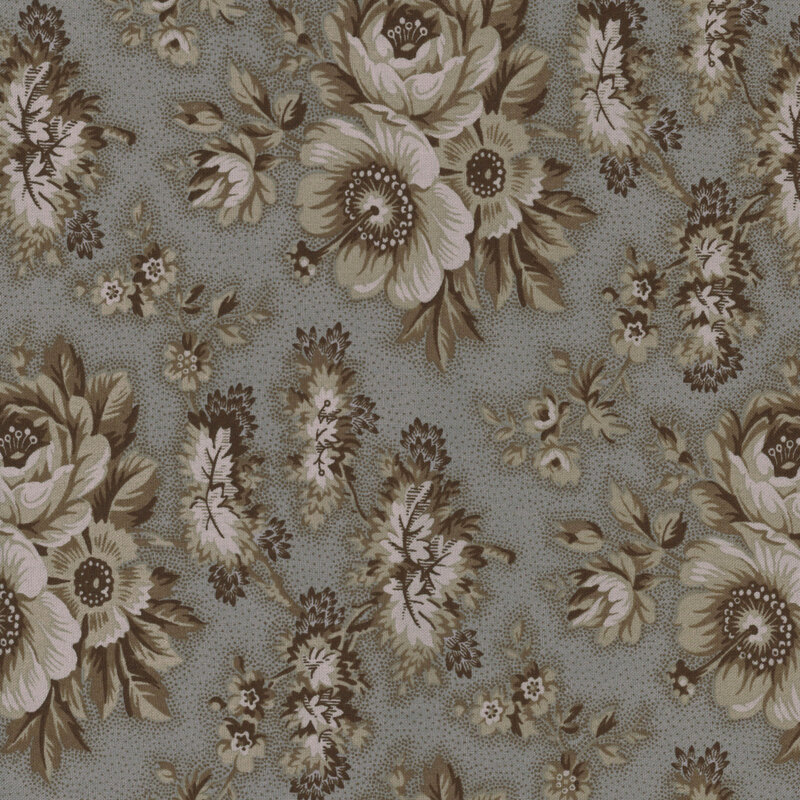 Steel blue fabric with a taupe dotted background and a tropical rose pattern