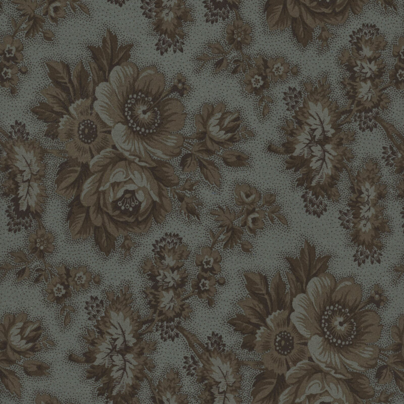 Blue fabric with a taupe dotted background and a tropical rose pattern