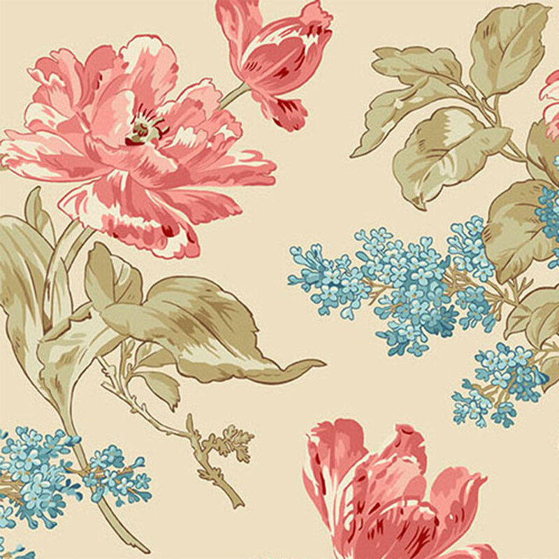 A floral pattern featuring large pink and red flowers with green leaves, accompanied by clusters of small blue flowers, set against a light beige background.