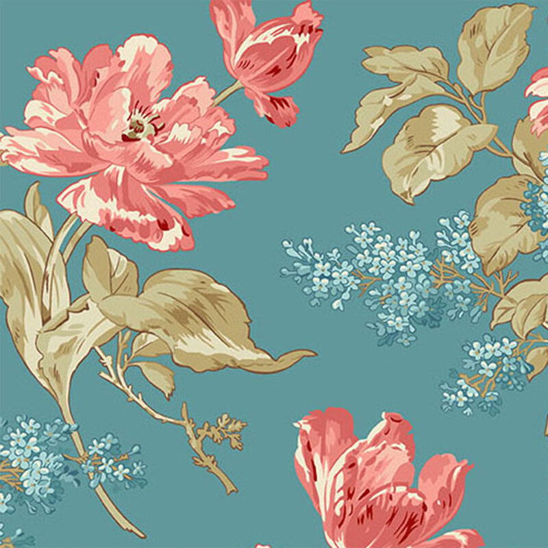 Teal fabric featuring large pink florals