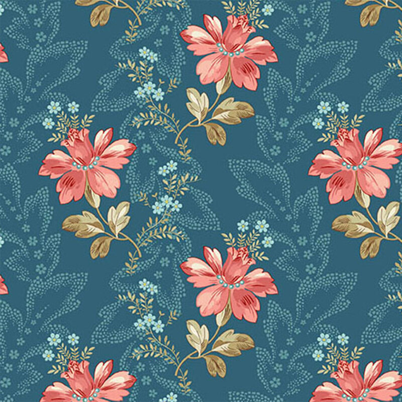 Teal fabric with pink and blue florals interspersed with a leafy design