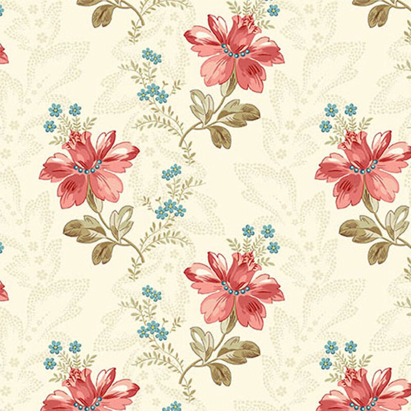 Cream fabric with pink and blue florals interspersed with a leafy design