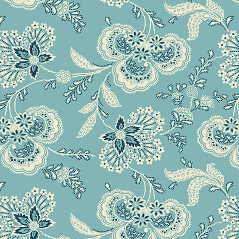 Light aqua blue fabric featuring a paisley floral design