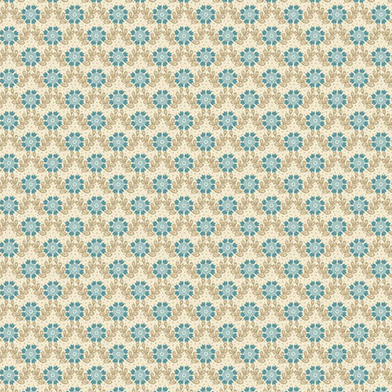 Cream fabric featuring a pattern of teal florals