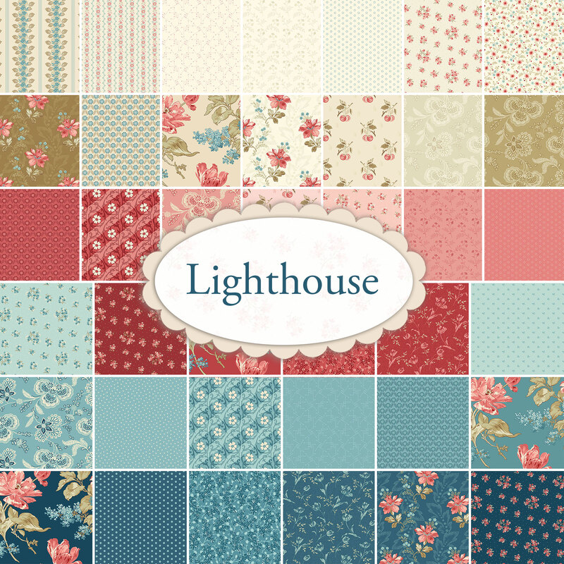 A collage of cream, red, and blue floral fabrics in the Lighthouse fabric collection