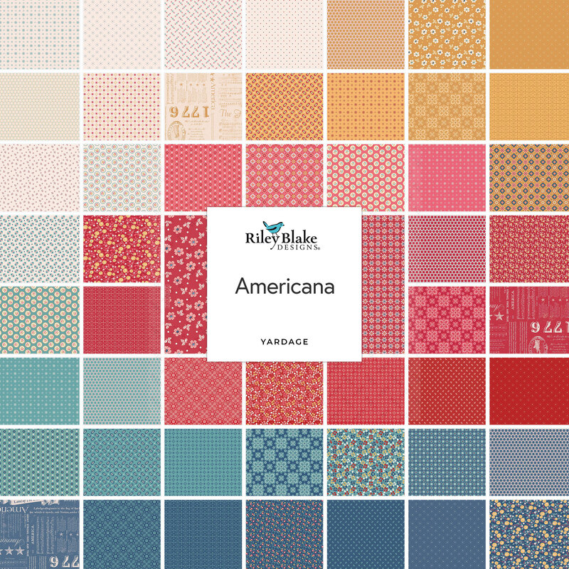 A collage of fabrics in the Americana fabric collection in red, blue, yellow, and cream. 