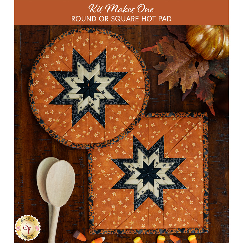 Two quilted hot pads, one round and one square, featuring a star design in cream and black displayed on a wooden table with coordinating seasonal decor. An orange banner at the top reads 