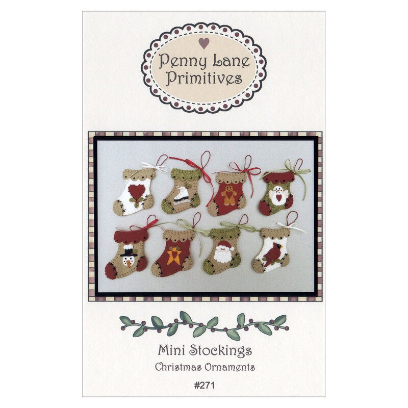 The front of the Mini Stockings Ornaments pattern featuring the finished ornaments displayed on a gray background.