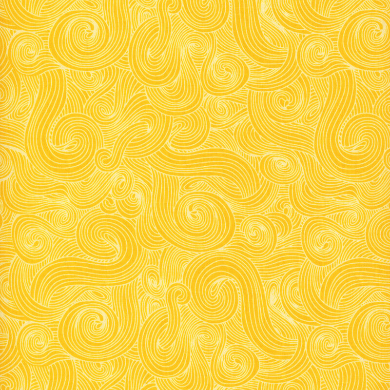 Sunshine yellow fabric with lightly outlined swirls.