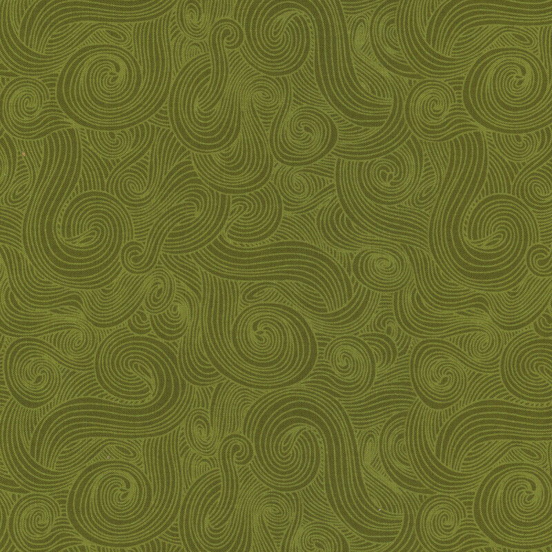 Olive green fabric with tonal-outlined swirls.