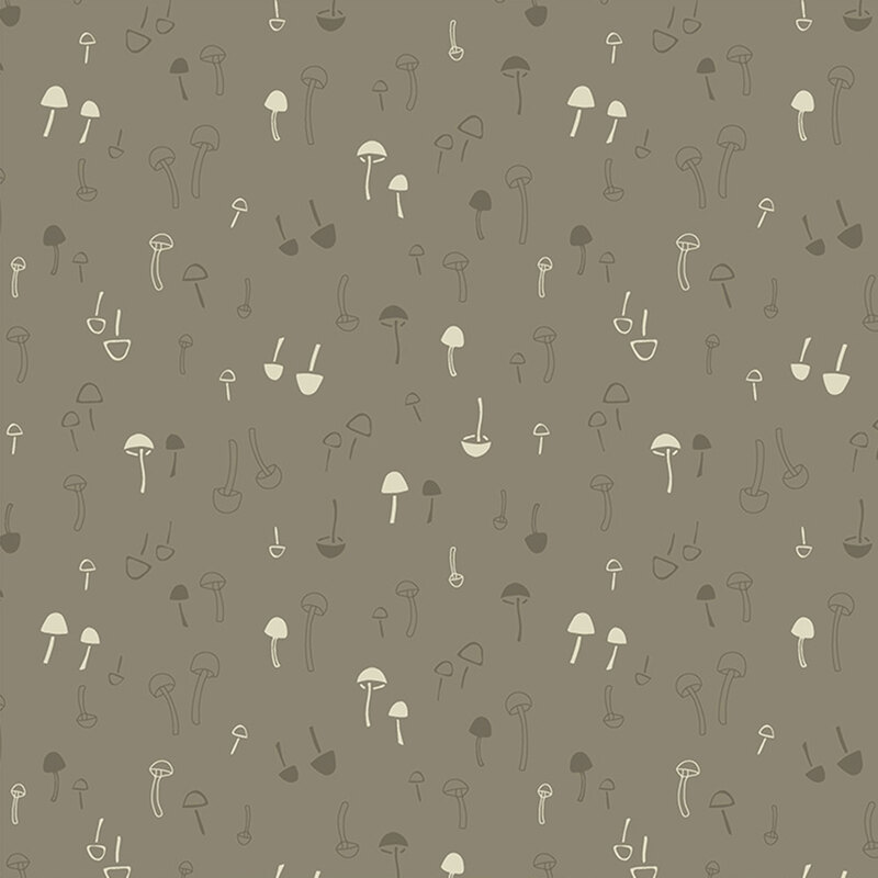 Dark taupe fabric with scattered mushrooms.