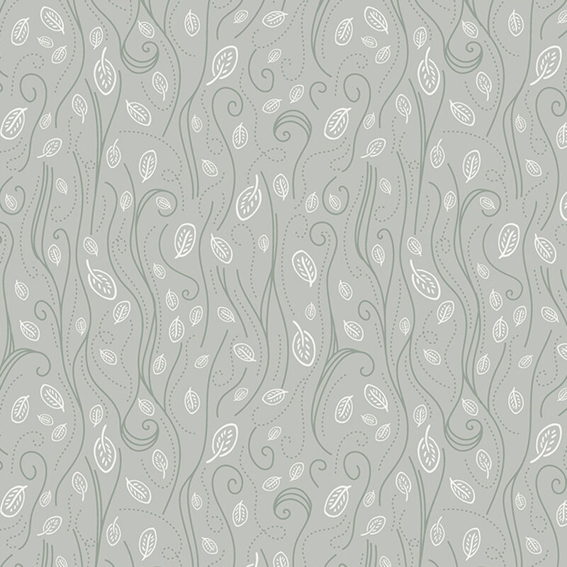 Gray fabric with swirls of wind blowing leaves through the air.