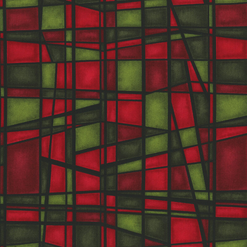 Green and red fabric in a mottled, stained glass pattern.