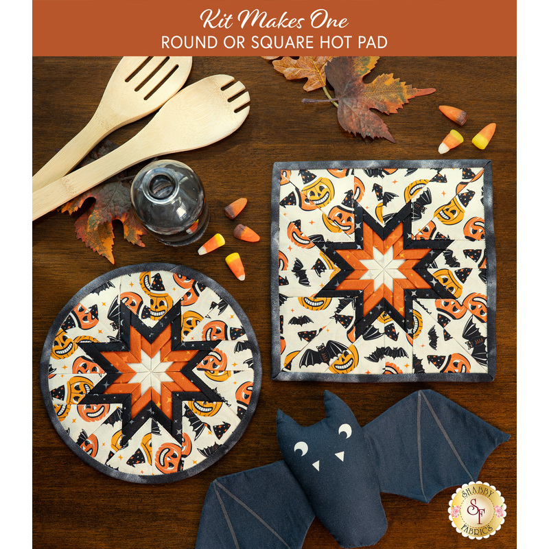 A top down shot of the completed round and square hot pads in cream, staged on a wooden table with coordinating decor like autumn leaves and candy corn.