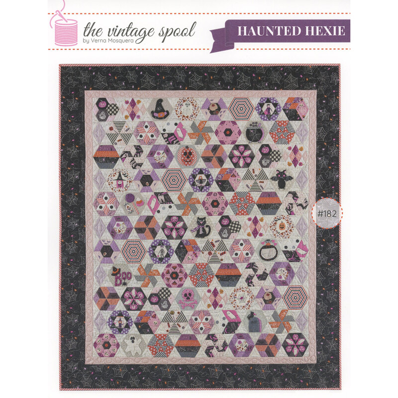 Front of the Haunted Hexie pattern showing the completed quilt project 