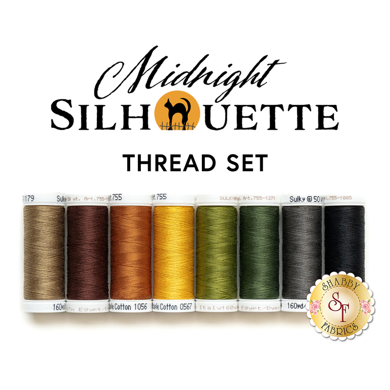 The eight spools included in the Midnight Silhouette thread set, arranged in rainbow order and isolated on a white background below a text graphic.