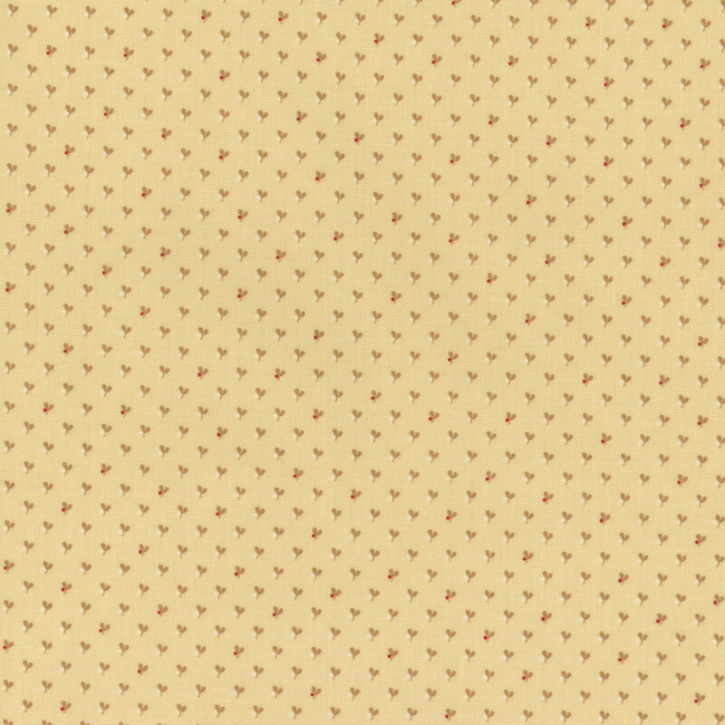 Light beige fabric with a tonal dark leaf pattern with scattered red dot accents.