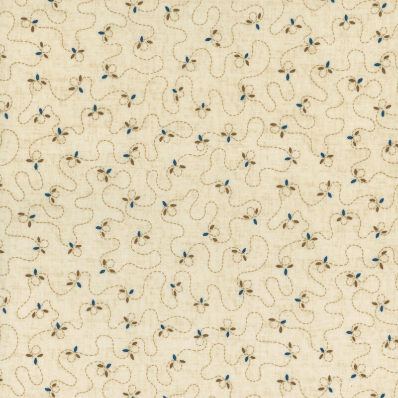 Cool light cream fabric with a dotted vine and calico leaf print.