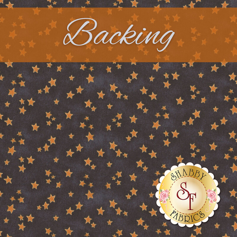 A swatch of mottled charcoal fabric with scattered small orange stars. An orange banner at the top reads 