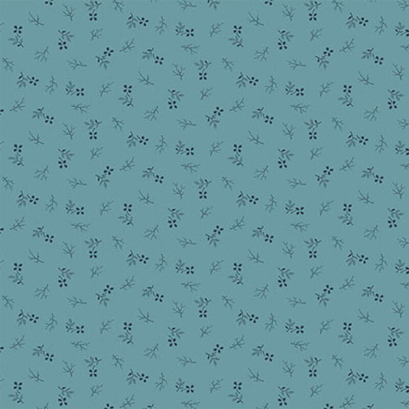 A repeating pattern of small dark floral designs on a ocean blue background.