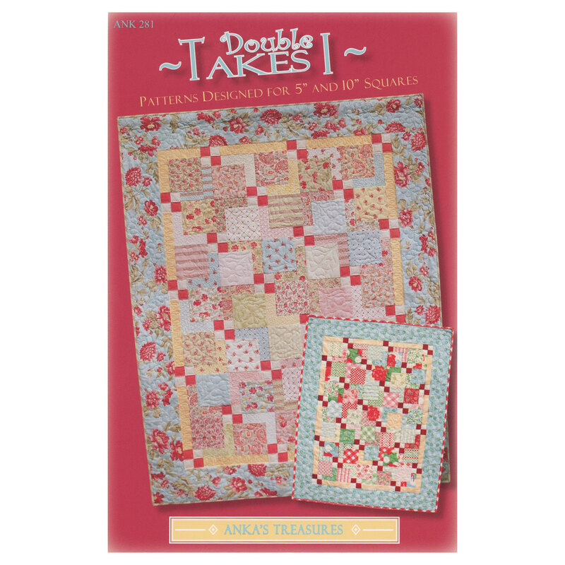 The front of the Double Takes 1 pattern showing the finished projects on a strawberry red background.