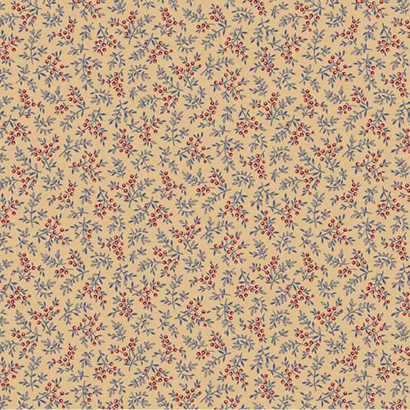 Floral pattern with small red and blue flowers on a light beige background.