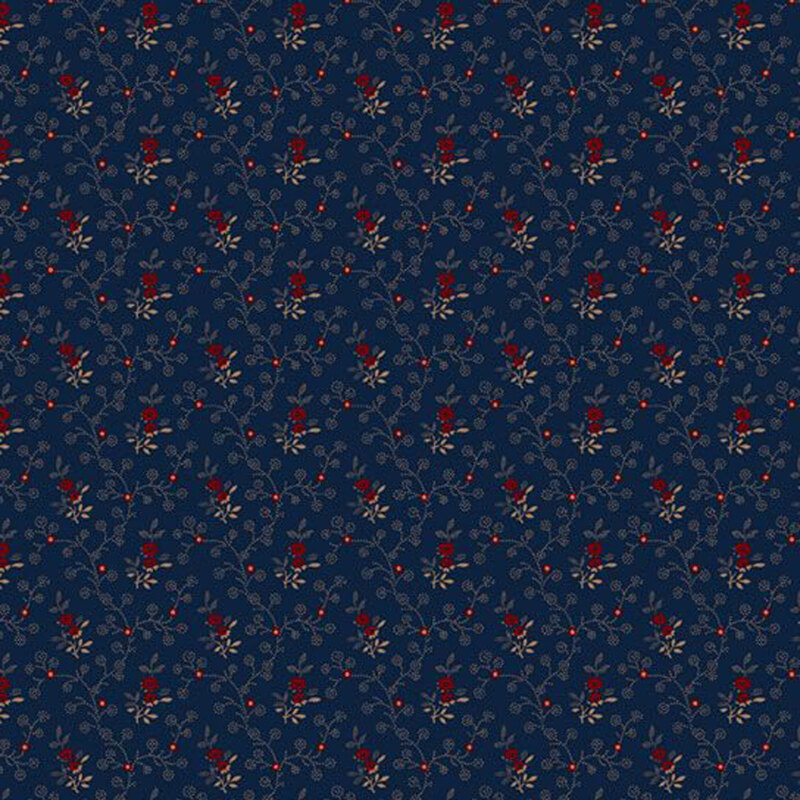 Navy blue fabric with a floral pattern featuring red roses and light-colored vines