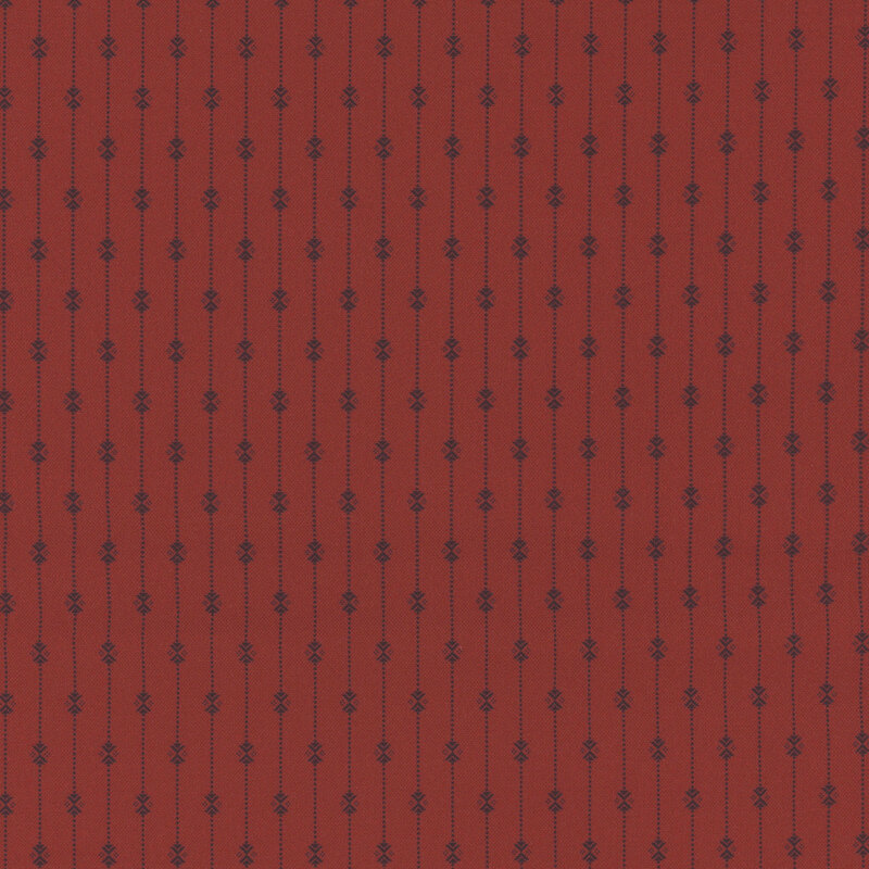 Red fabric with a repeating black pattern of vertical lines and small decorative shapes.