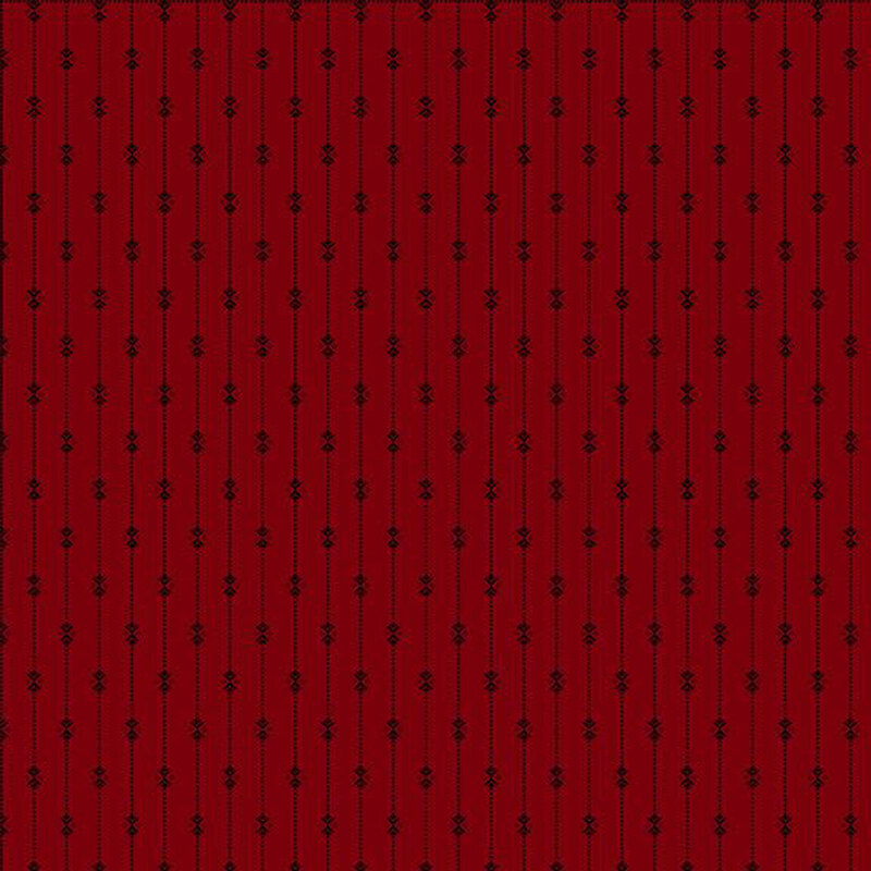 Red fabric with a repeating black pattern of vertical lines and small decorative shapes.