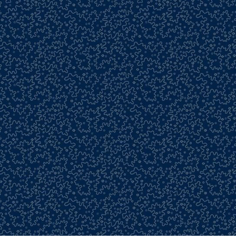 Tonal dark blue fabric featuring a pattern of abstract wavy lines