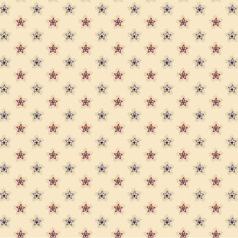 Cream fabric featuring small red and blue stars