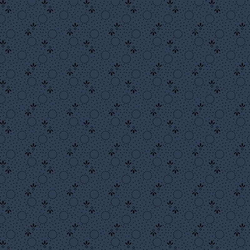 Repeating pattern of small dark dots, and floral designs on a navy blue background.