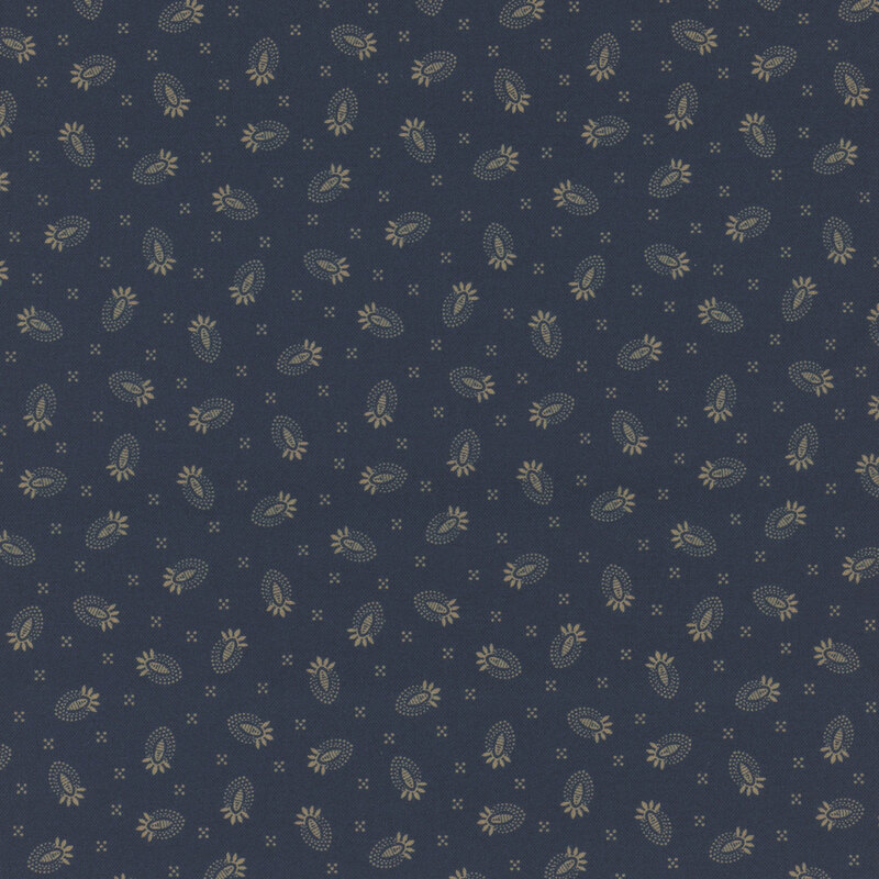 Blue fabric with a repeated pattern of beige floral and leaf shapes.