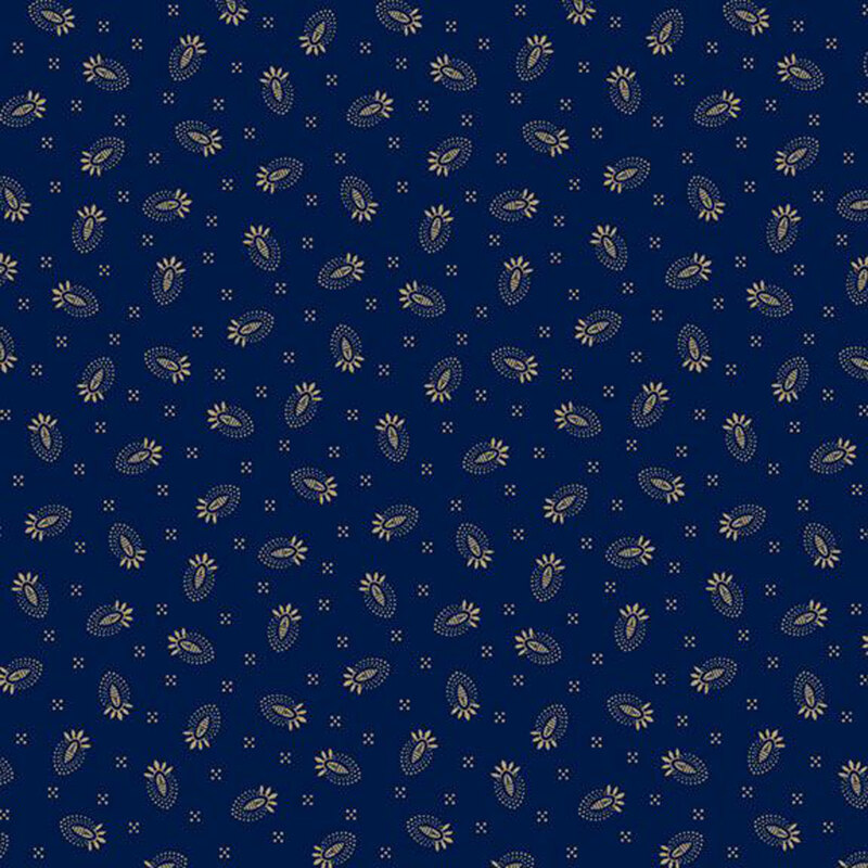 Blue fabric with a repeated pattern of beige floral and leaf shapes.