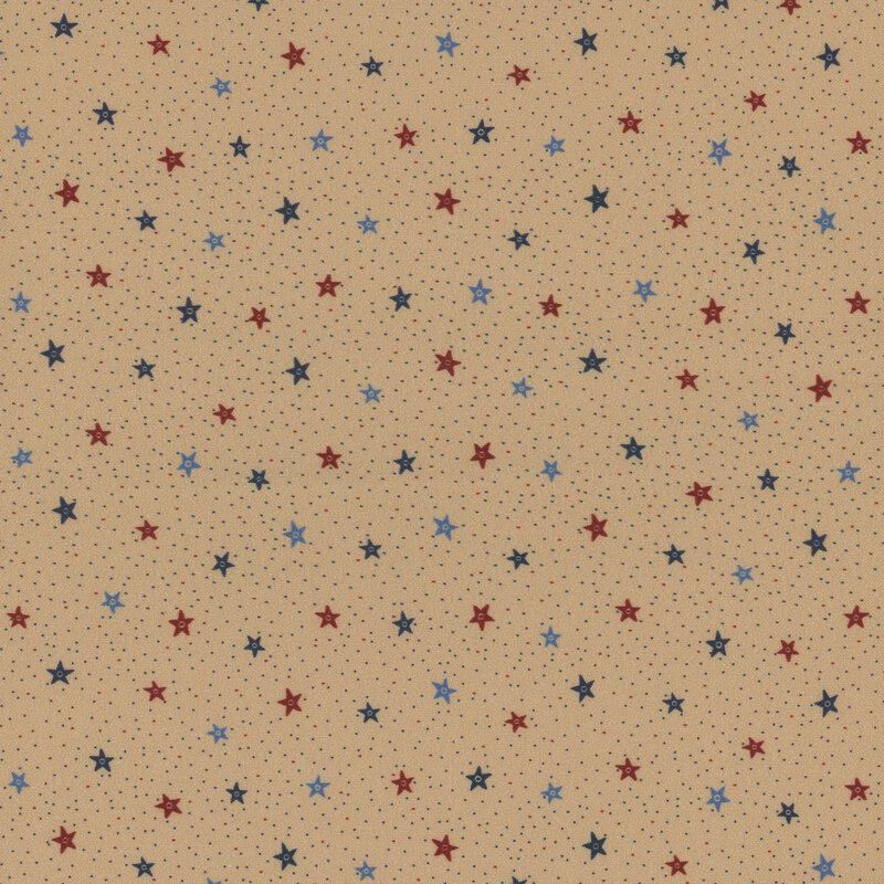 Beige fabric with a scattered pattern of red, blue, and navy stars on a dotted background.