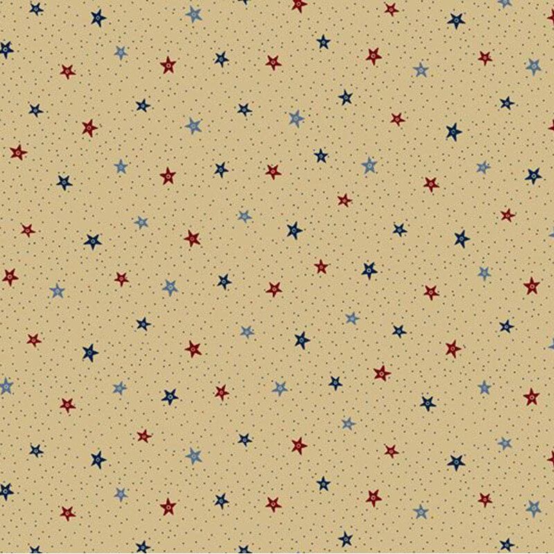 Beige fabric with a scattered pattern of red, blue, and navy stars on a dotted background.