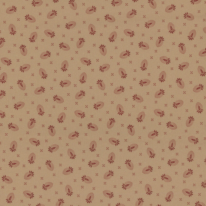 Beige fabric with a repeated pattern of red floral and leaf shapes.