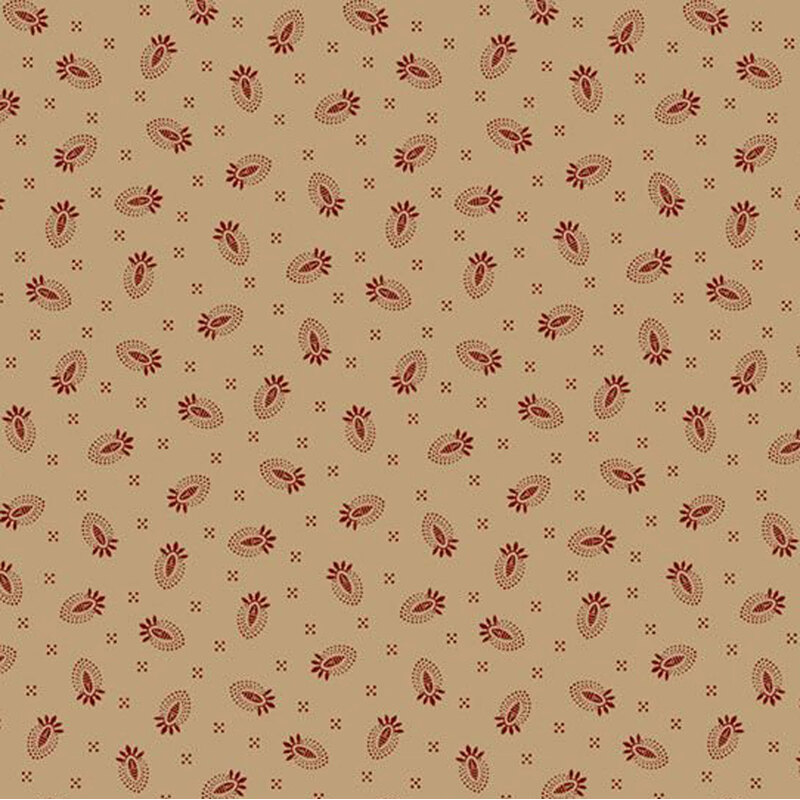 Beige fabric with a repeated pattern of red floral and leaf shapes.