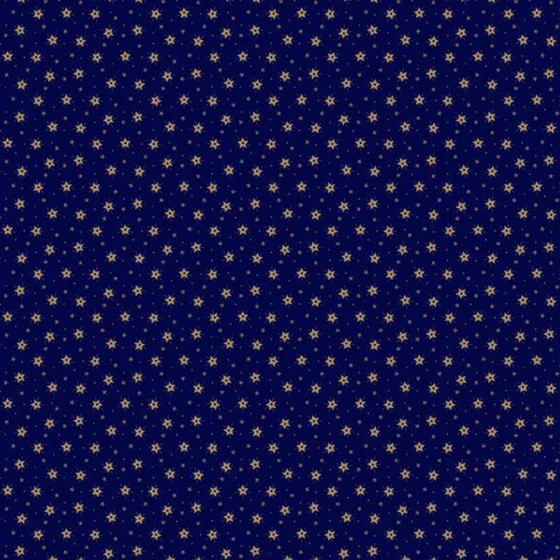 Navy blue fabric with a repeating pattern of small gold stars.