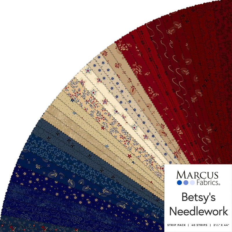 Collage of red, cream and blue fabrics in the Betsy's Needlework collection