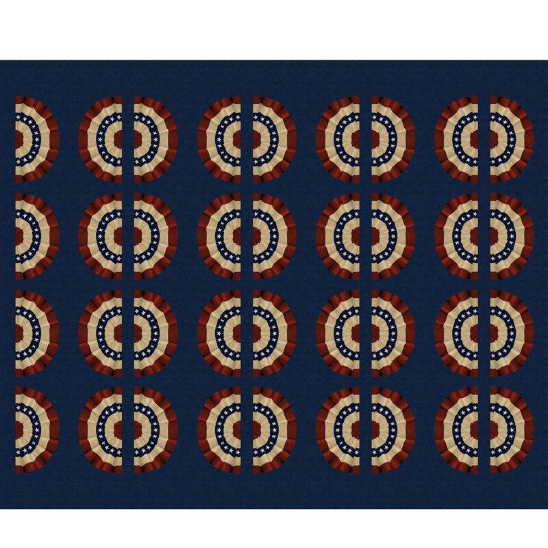 A patterned design featuring circular motifs in red, cream, and navy against a dark background.