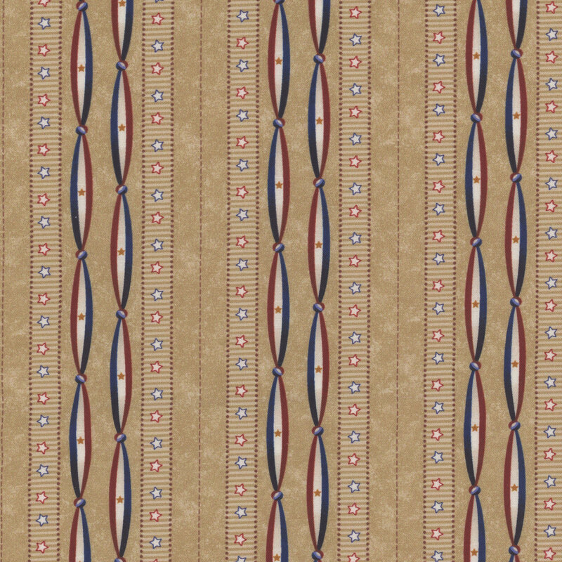 Fabric featuring a decorative pattern of stripes with stars in red, white, and blue on a beige background.