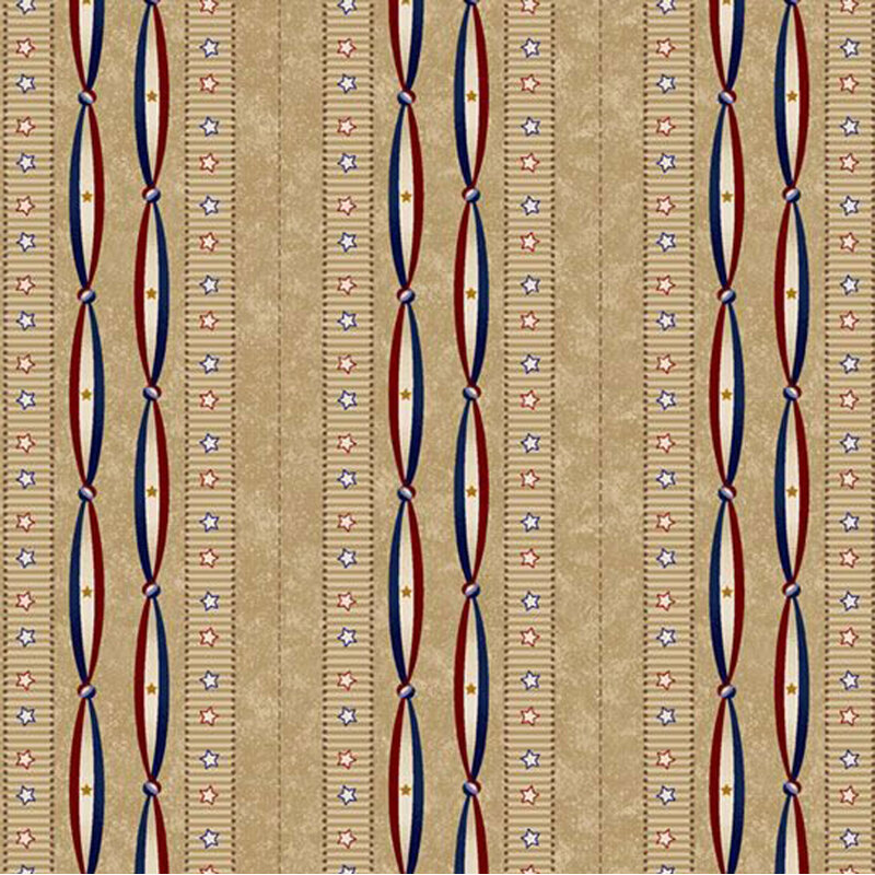 Fabric featuring a decorative pattern of stripes with stars in red, white, and blue on a beige background.