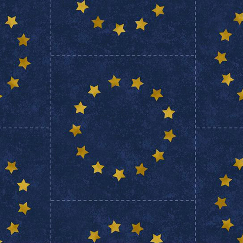 Pattern of golden stars arranged in circles on a dark blue background.