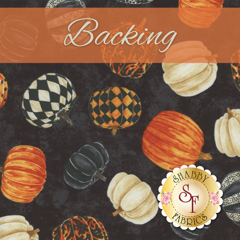 Colorful pumpkins in various patterns on a dark background with Backing label.